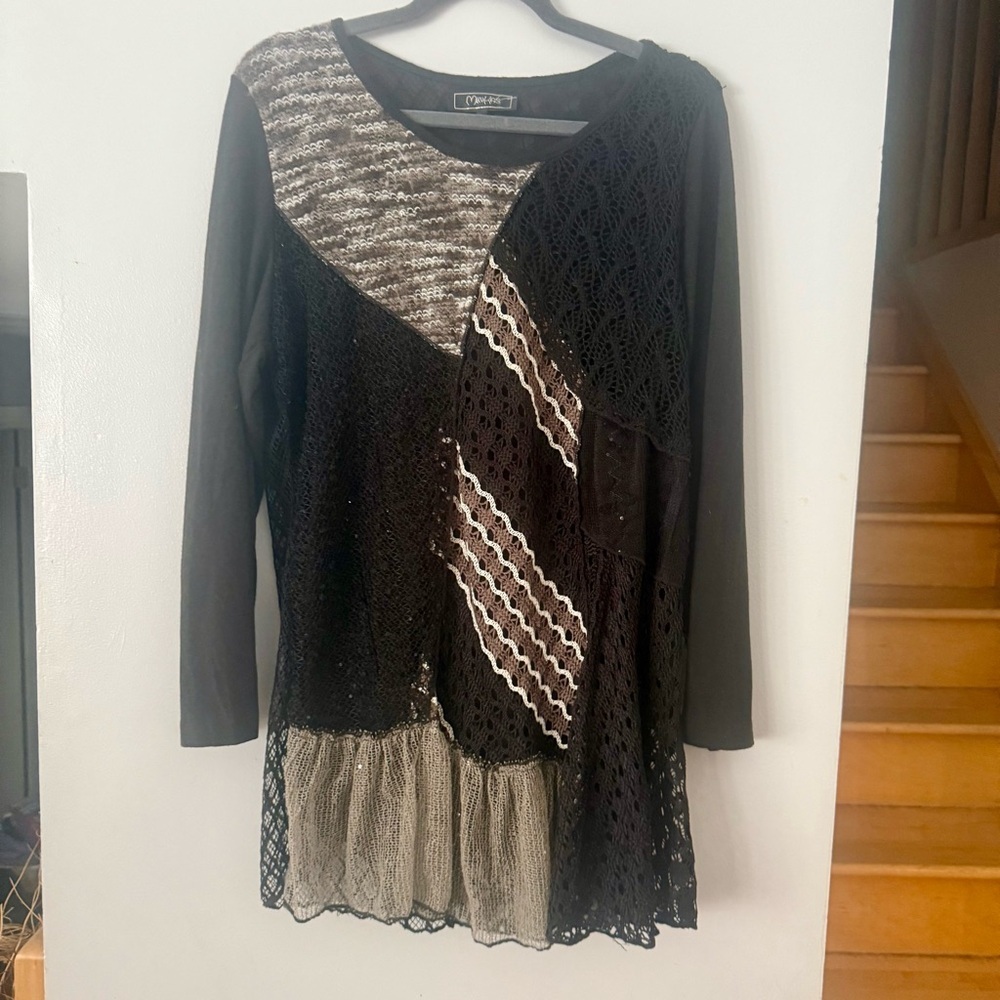 🇨🇦 Minkas Quirky Lagenlook Patchwork Lace Mesh Tunic